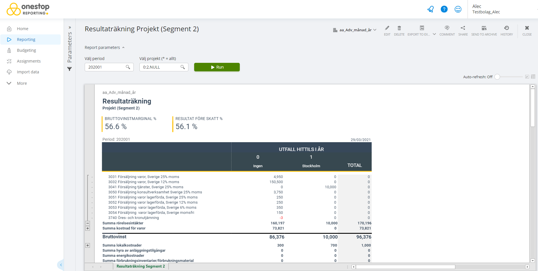 OneStop Reporting projekt och kolumn